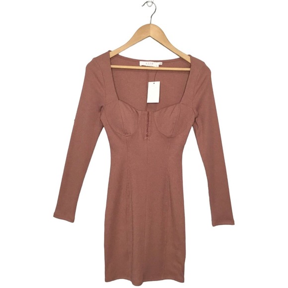 New ASTR The Label Ribbed Long Sleeve Hook Eye Front Bodycon Dress Blush S - Picture 2 of 12